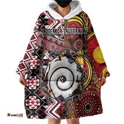 Personalised Aotearoa and Australia Together Wearable Blanket Hoodie Koru and Kangaroo - Taniko with Aboriginal Motif LT03