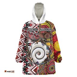 Personalised Aotearoa and Australia Together Wearable Blanket Hoodie Koru and Kangaroo - Taniko with Aboriginal Motif LT03