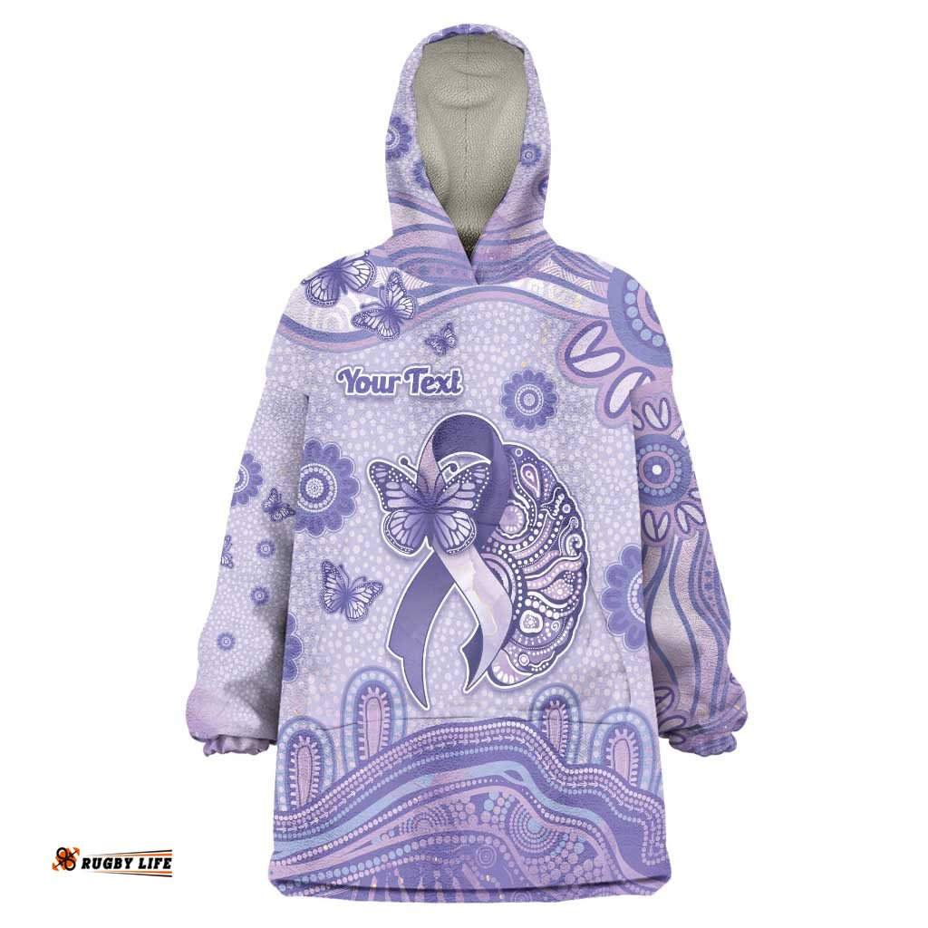 Personalised Epilepsy Awareness Wearable Blanket Hoodie Purple Ribbon Butterfly And Brain Aboriginal Art DT05