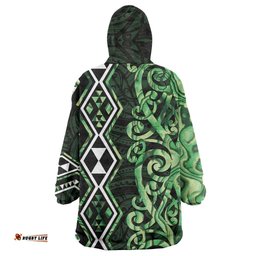 Green Aotearoa Wearable Blanket Hoodie Taniko Motifs With Paua Shell Kowhaiwhai LT14