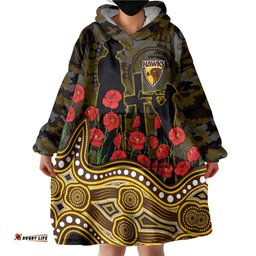 Hawthorn Hawks ANZAC Day Wearable Blanket Hoodie Indigenous Dot Art with Poppy Flower Tribute TS04