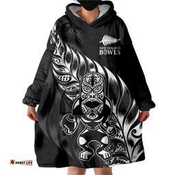 New Zealand Lawn Bowls Custom Wearable Blanket Hoodie Black Maori Warrior Tribal Silver Fern LT9