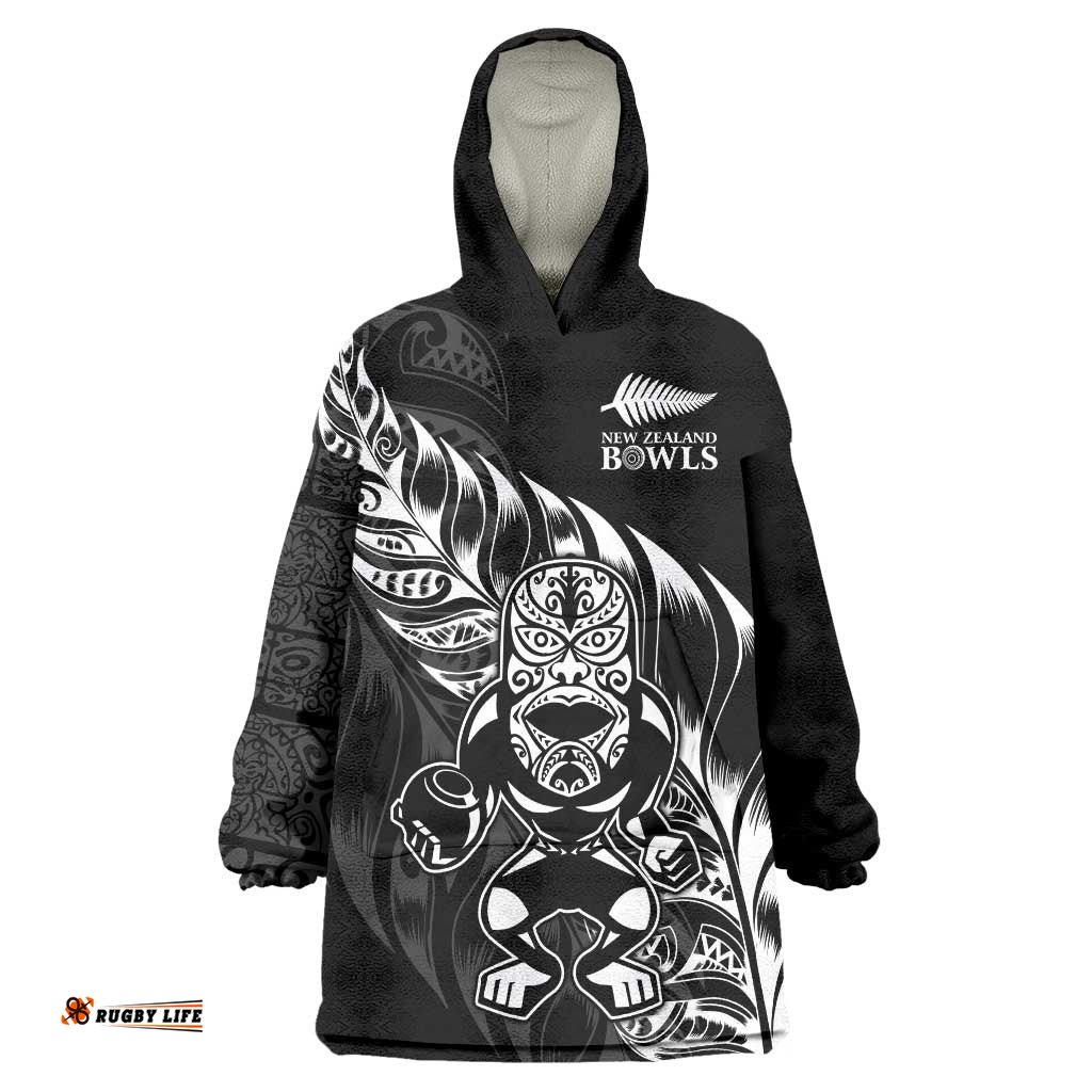 New Zealand Lawn Bowls Custom Wearable Blanket Hoodie Black Maori Warrior Tribal Silver Fern LT9