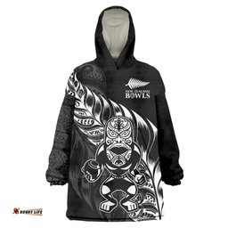 New Zealand Lawn Bowls Custom Wearable Blanket Hoodie Black Maori Warrior Tribal Silver Fern LT9