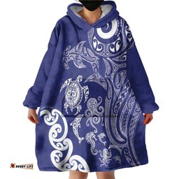 New Zealand Sea Animals with Maori Tribal Tattoo Wearable Blanket Hoodie Blue Color LT03
