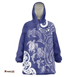 New Zealand Sea Animals with Maori Tribal Tattoo Wearable Blanket Hoodie Blue Color LT03