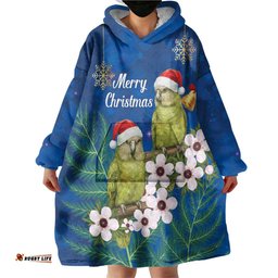 New Zealand Kakapo Christmas Wearable Blanket Hoodie Owl Parrot Santa Sliver Fern Manuka - Blue LT14