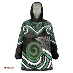 Koru Pounamu Aotearoa Wearable Blanket Hoodie Maori Paua Shell Mix Silver Fern LT14