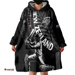 Custom New Zealand Cricket Wearable Blanket Hoodie Maori Kiwi Black Fern LT01