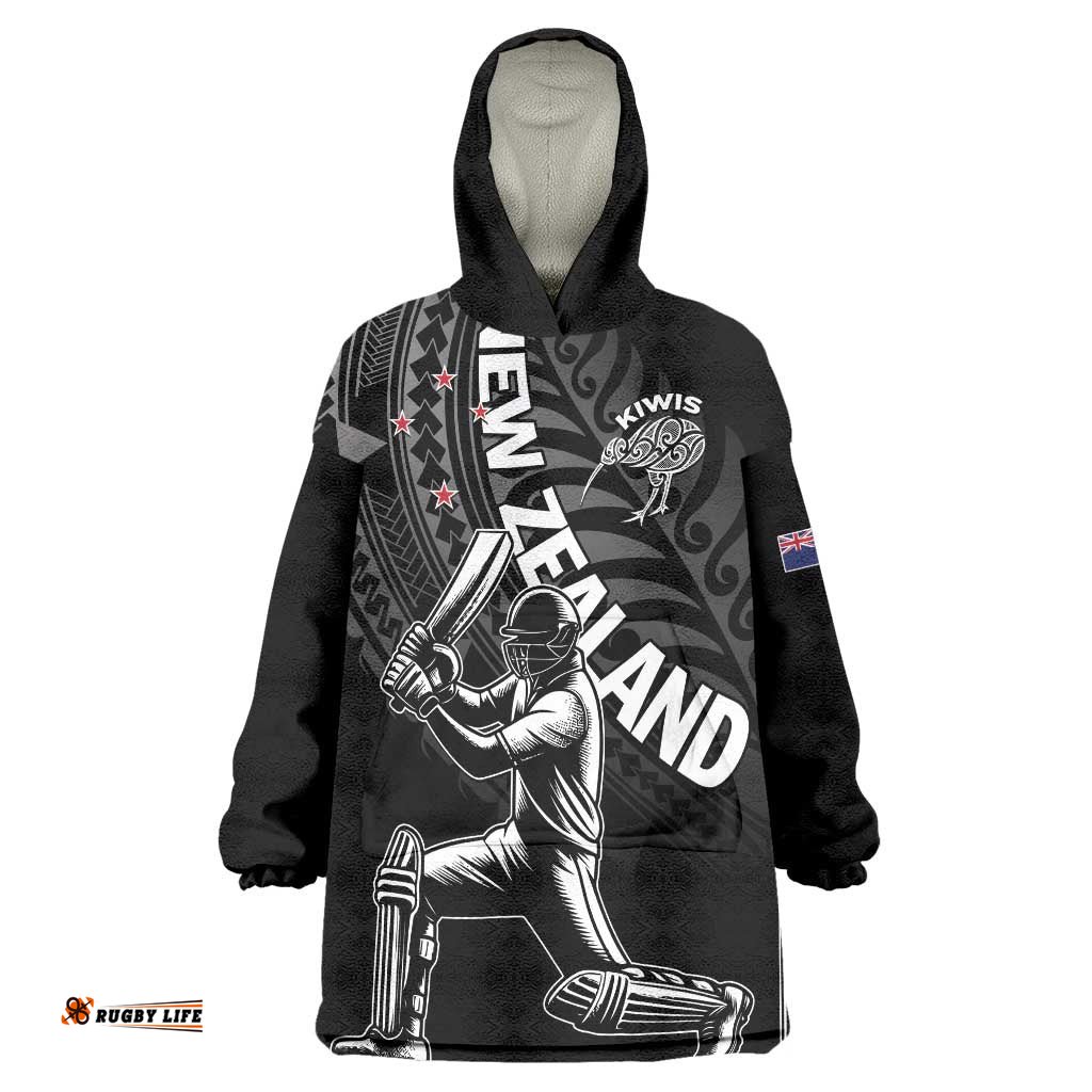 Custom New Zealand Cricket Wearable Blanket Hoodie Maori Kiwi Black Fern LT01