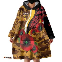Hawthorn Hawks ANZAC Personalised Wearable Blanket Hoodie Lest We Forget Poppy Camo LT9