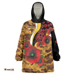 Hawthorn Hawks ANZAC Personalised Wearable Blanket Hoodie Lest We Forget Poppy Camo LT9