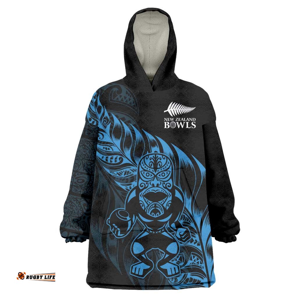 New Zealand Lawn Bowls Custom Wearable Blanket Hoodie Blue Maori Warrior Tribal Silver Fern LT9