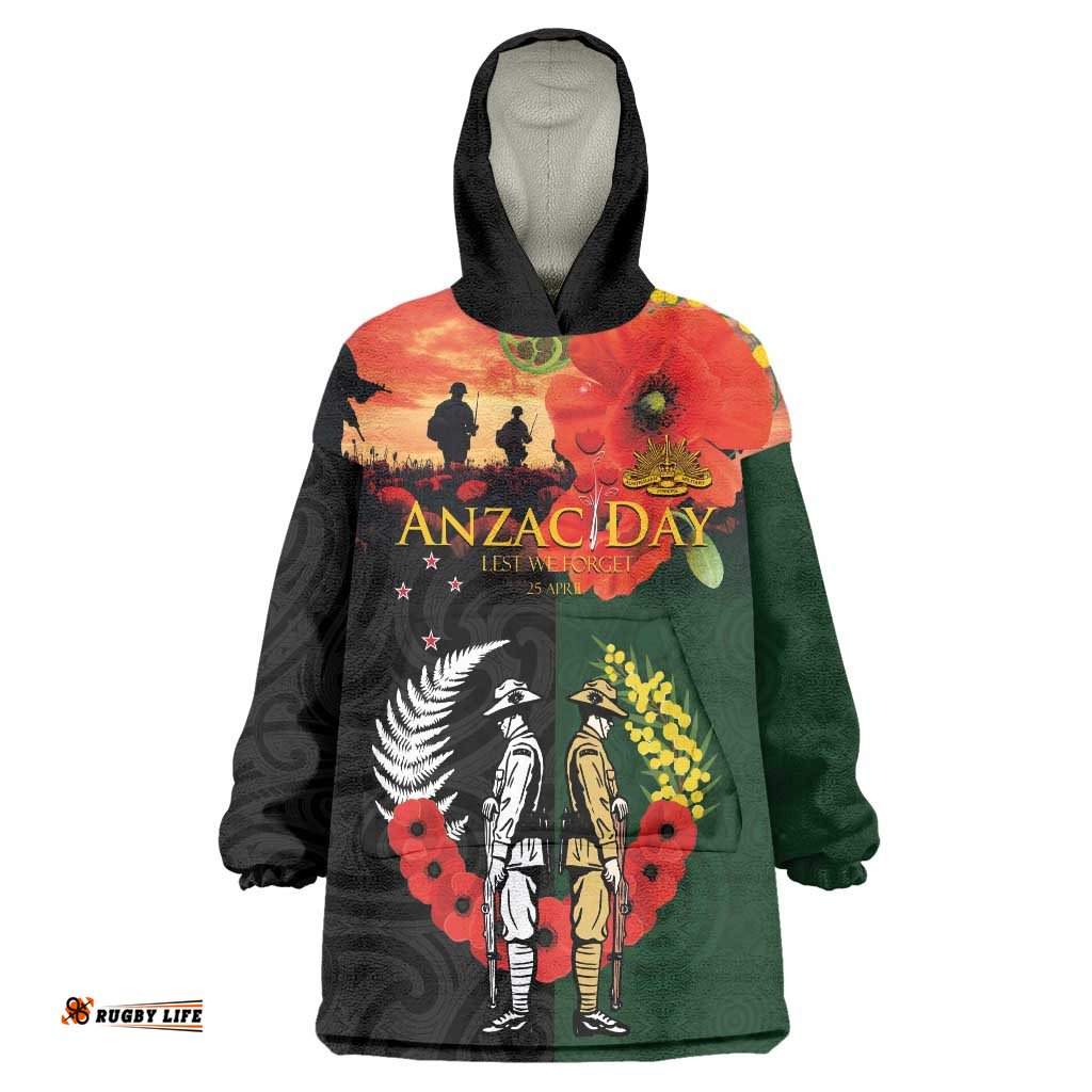 New Zealand and Australia ANZAC Day Wearable Blanket Hoodie Lest We Forget Indigenous and Maori Pattern LT03