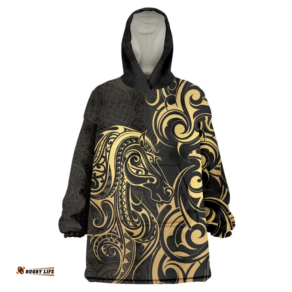 Gold And Black Aoteara Horse Racing Wearable Blanket Hoodie NZ Maori Pattern LT14