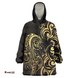 Gold And Black Aoteara Horse Racing Wearable Blanket Hoodie NZ Maori Pattern LT14