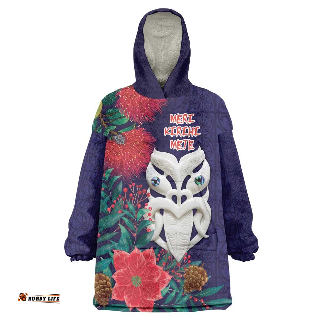 Maori Wheku Meri Kirihimete Personalised Wearable Blanket Hoodie All Blue Indigenous Maori Motif LT9