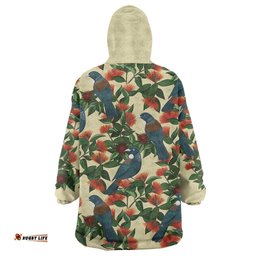 New Zealand Christmas Wearable Blanket Hoodie Romantic Tui Birds on Pohutukawa - Ivory LT7