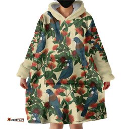 New Zealand Christmas Wearable Blanket Hoodie Romantic Tui Birds on Pohutukawa - Ivory LT7
