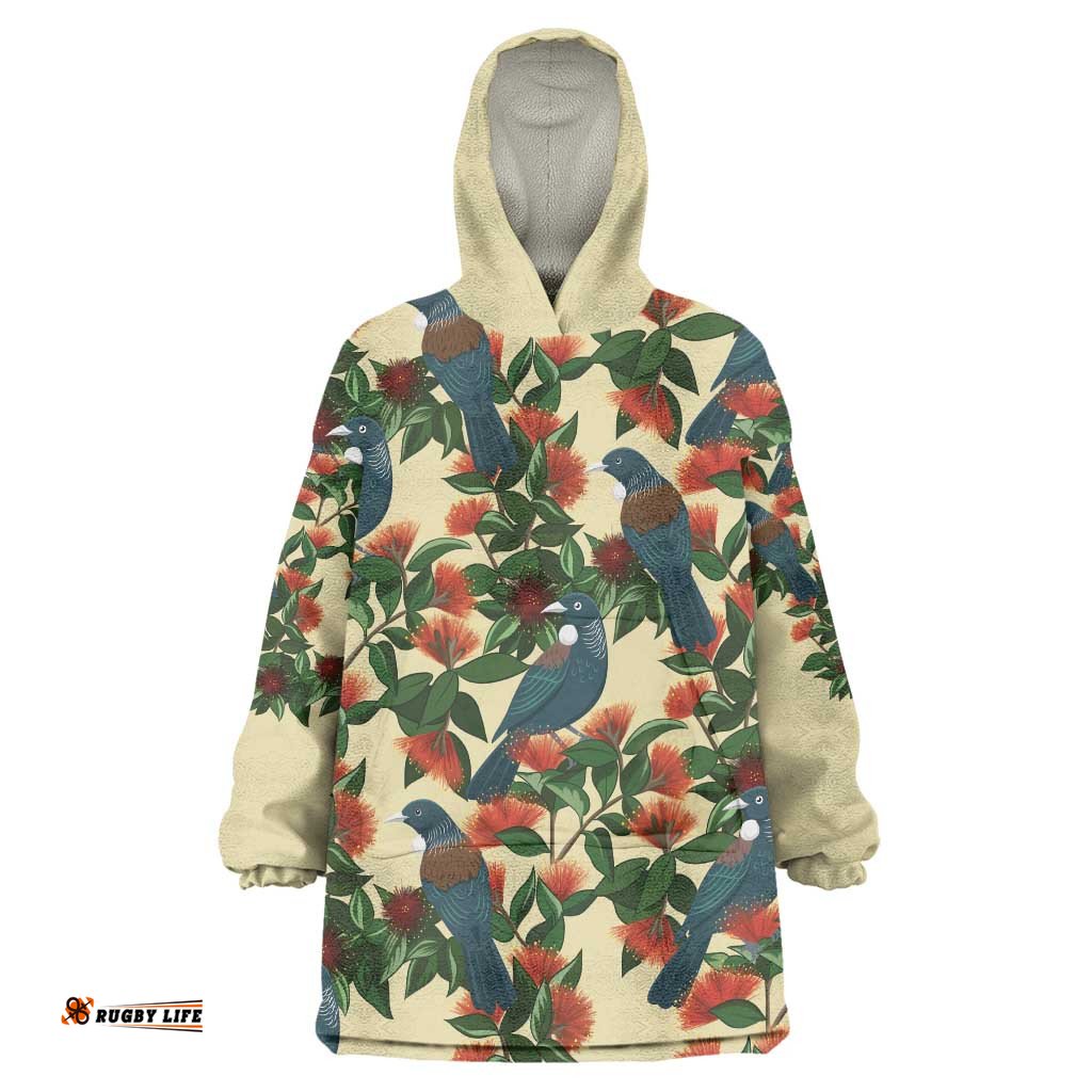 New Zealand Christmas Wearable Blanket Hoodie Romantic Tui Birds on Pohutukawa - Ivory LT7