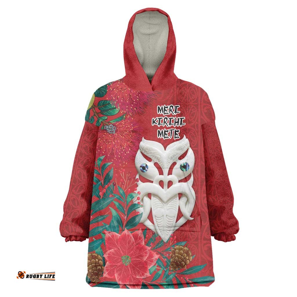 Maori Wheku Meri Kirihimete Personalised Wearable Blanket Hoodie All Red Indigenous Maori Motif LT9