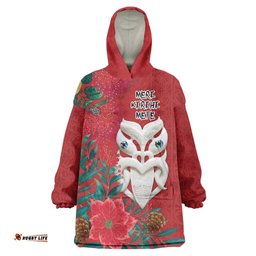 Maori Wheku Meri Kirihimete Personalised Wearable Blanket Hoodie All Red Indigenous Maori Motif LT9