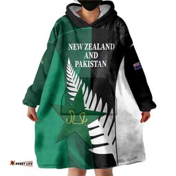 Custom New Zealand And Pakistan Cricket Wearable Blanket Hoodie 2025 Black Cap Shaheens Together LT14