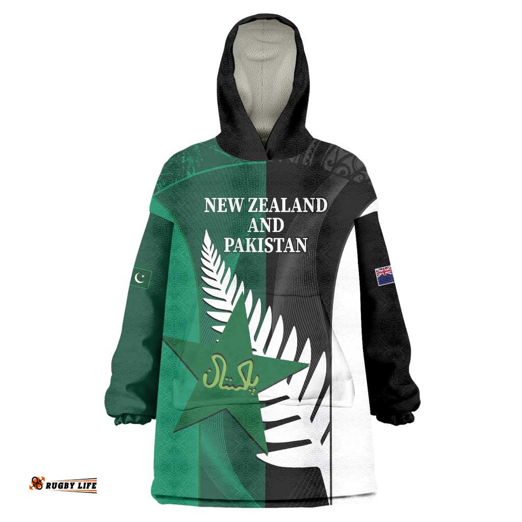 Custom New Zealand And Pakistan Cricket Wearable Blanket Hoodie 2025 Black Cap Shaheens Together LT14