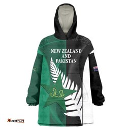 Custom New Zealand And Pakistan Cricket Wearable Blanket Hoodie 2025 Black Cap Shaheens Together LT14