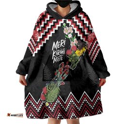 New Zealand Christmas Taniko Poutama Wearable Blanket Hoodie Flora Map with Birds LT7