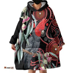 Gang-gang Cockatoo Australia Wearable Blanket Hoodie Eucalyptus Blossoms Aboriginal Art LT14
