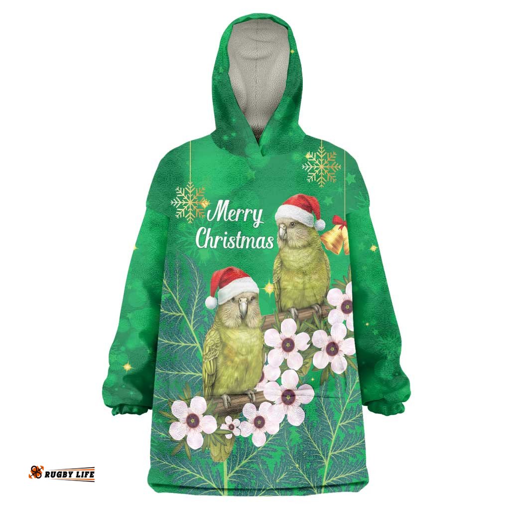 New Zealand Kakapo Christmas Wearable Blanket Hoodie Owl Parrot Santa Sliver Fern Manuka - Green LT14