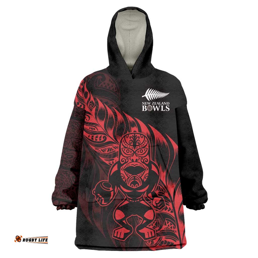 New Zealand Lawn Bowls Custom Wearable Blanket Hoodie Red Maori Warrior Tribal Silver Fern LT9