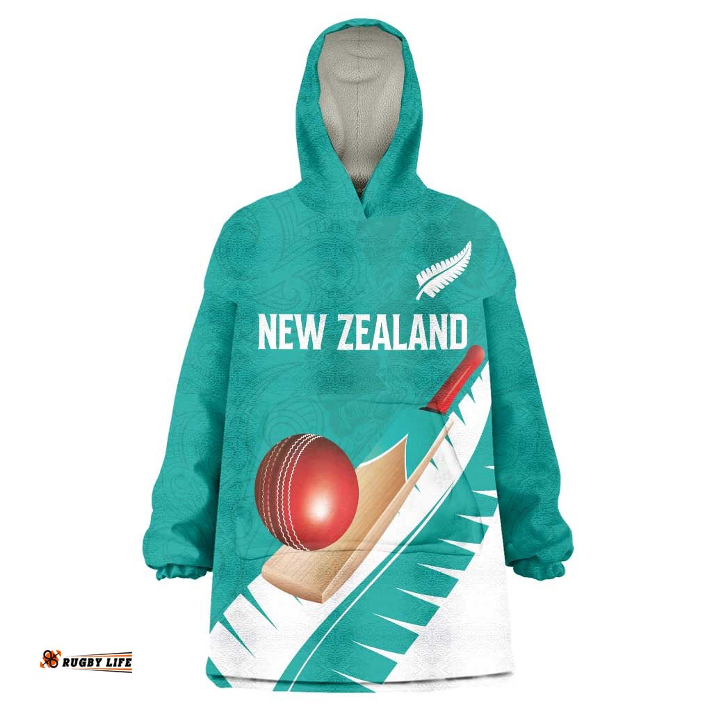 Custom New Zealand Cricket Wearable Blanket Hoodie Kiwi Birds Haka Dance Turquoise Fern Sporty Style LT03