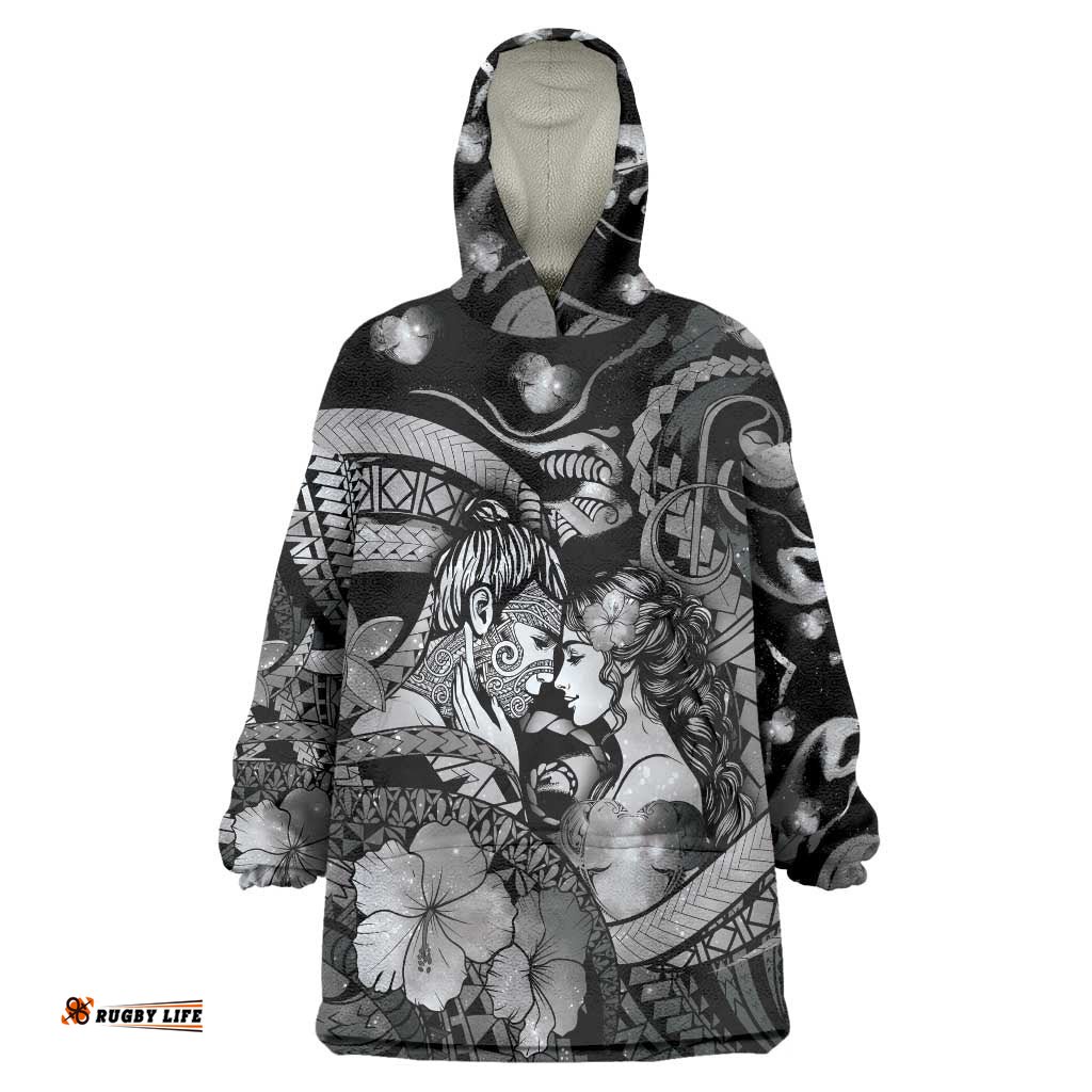 Personalised Maori Romantic Valentine Wearable Blanket Hoodie The Hongi Kiss Black Galaxy DT05