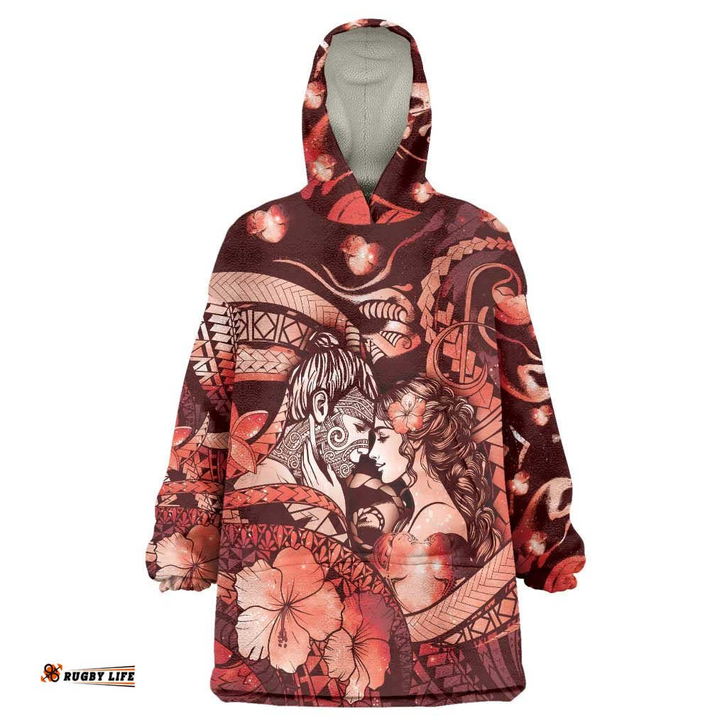 Personalised Maori Romantic Valentine Wearable Blanket Hoodie The Hongi Kiss Red Galaxy DT05