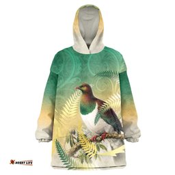 New Zealand Pigeon Kereru Wearable Blanket Hoodie Maori Fern Art Green Gradient LT05