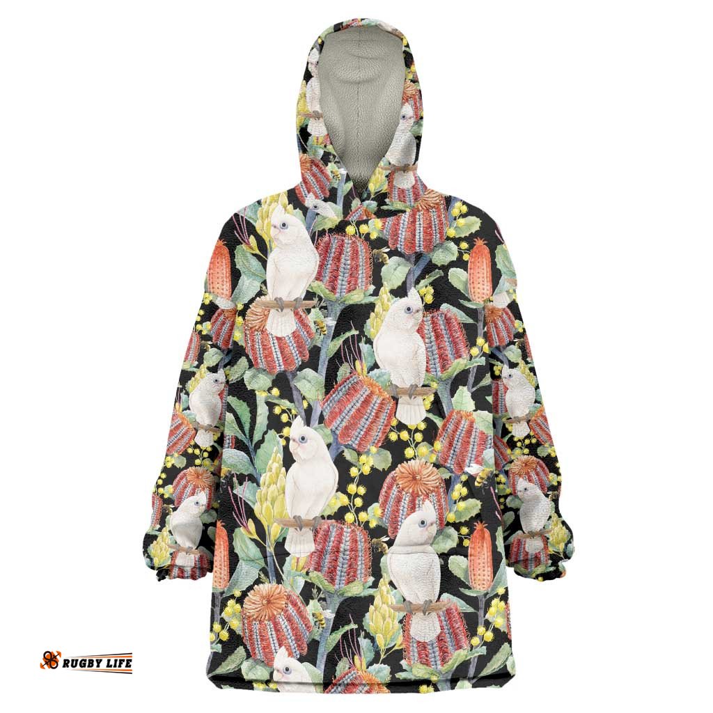 Little Corella Australia Cockatoo Wearable Blanket Hoodie Cacatua Sanguinea Banksia Seamless Black LT14
