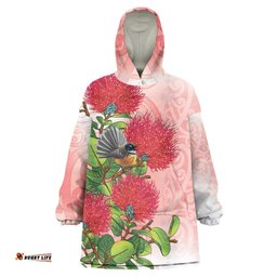 New Zealand Fantail Wearable Blanket Hoodie Maori Koru With Pohutukawa Flowers LT05