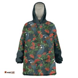New Zealand Christmas Wearable Blanket Hoodie Romantic Tui Birds on Pohutukawa - Cobalt LT7