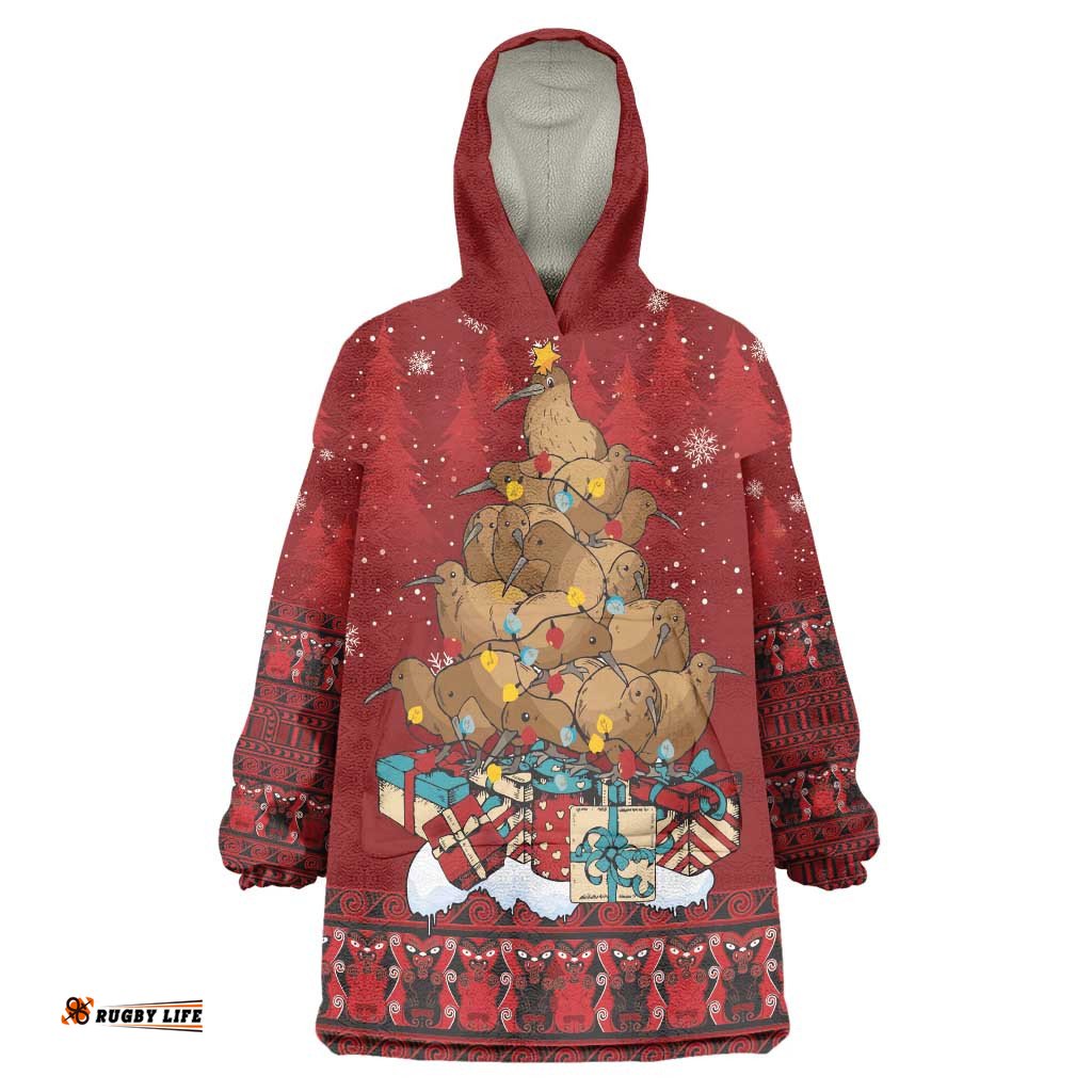 Funny Kiwi Bird Xmas Tree Wearable Blanket Hoodie New Zealand Tribal Christmas Spirit LT9