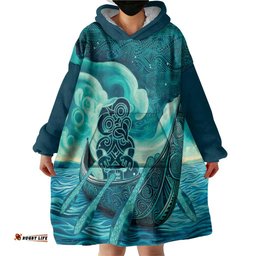 Personalised New Zealand Waitangi Day Wearable Blanket Hoodie Hei Tiki With Maori Waka - Whakarare Pattern LT14