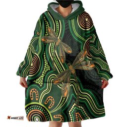 Green Indigenous Dragonfly Australia Wearable Blanket Hoodie Aboriginal Art LT14