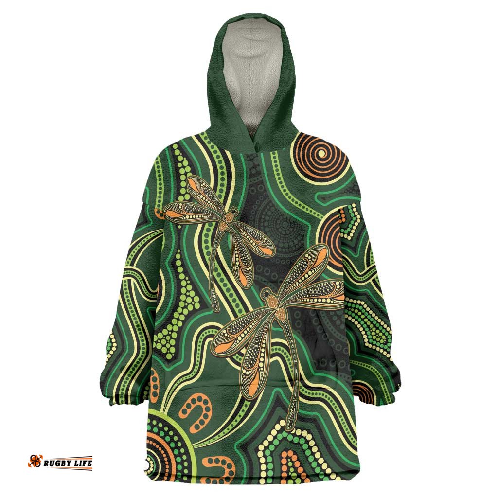 Green Indigenous Dragonfly Australia Wearable Blanket Hoodie Aboriginal Art LT14
