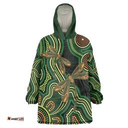 Green Indigenous Dragonfly Australia Wearable Blanket Hoodie Aboriginal Art LT14