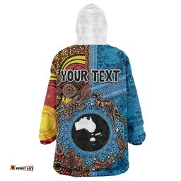 Personalised Australia and Fiji Together Wearable Blanket Hoodie Tribal Palm Tree with Tapa and Aboriginal Animals Half Style LT03