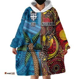 Personalised Australia and Fiji Together Wearable Blanket Hoodie Tribal Palm Tree with Tapa and Aboriginal Animals Half Style LT03