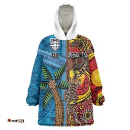 Personalised Australia and Fiji Together Wearable Blanket Hoodie Tribal Palm Tree with Tapa and Aboriginal Animals Half Style LT03