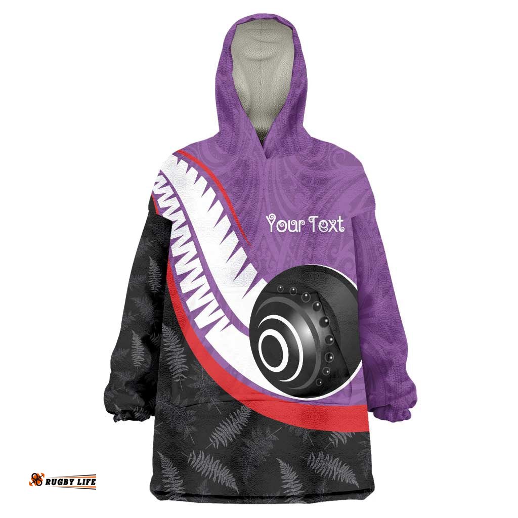 Personalised Aotearoa Lawn Bowls Wearable Blanket Hoodie Maori and Silver Fern Sporty Style Purple Color LT03