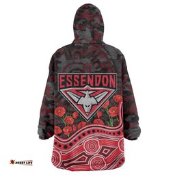 Essendon Bombers ANZAC Day Wearable Blanket Hoodie Indigenous Dot Art with Poppy Flower Tribute TS04